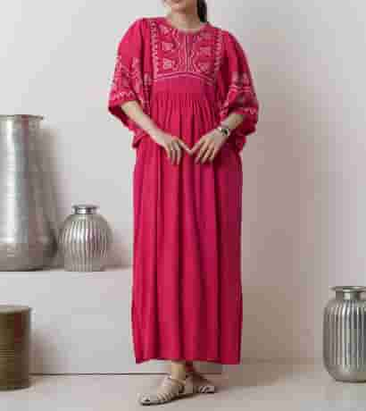 Cotton Linen Star Aari Embroidery Half Sleeve Dress